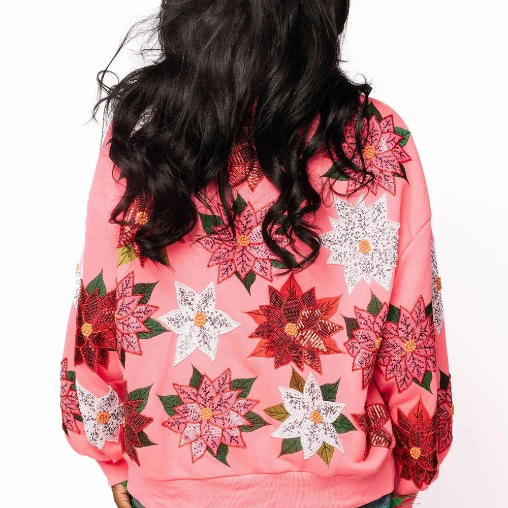 QUEEN OF SPARKLES Pink Poinsettia Sweatshirt - Picture 2 of 3